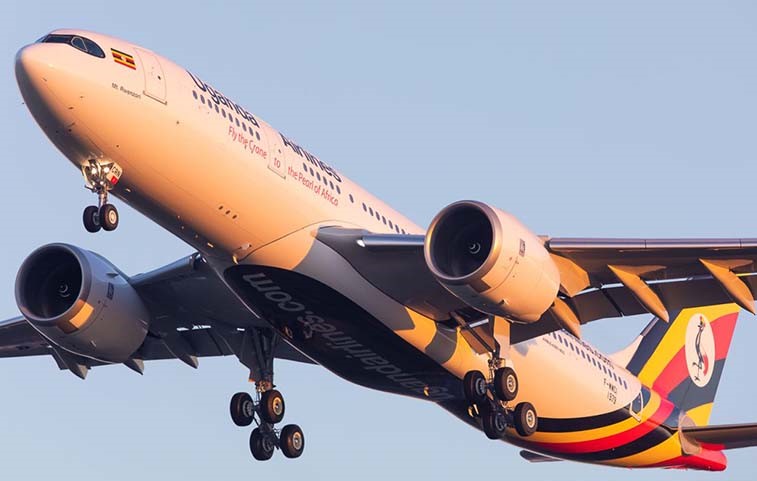 Uganda Airlines plane flying